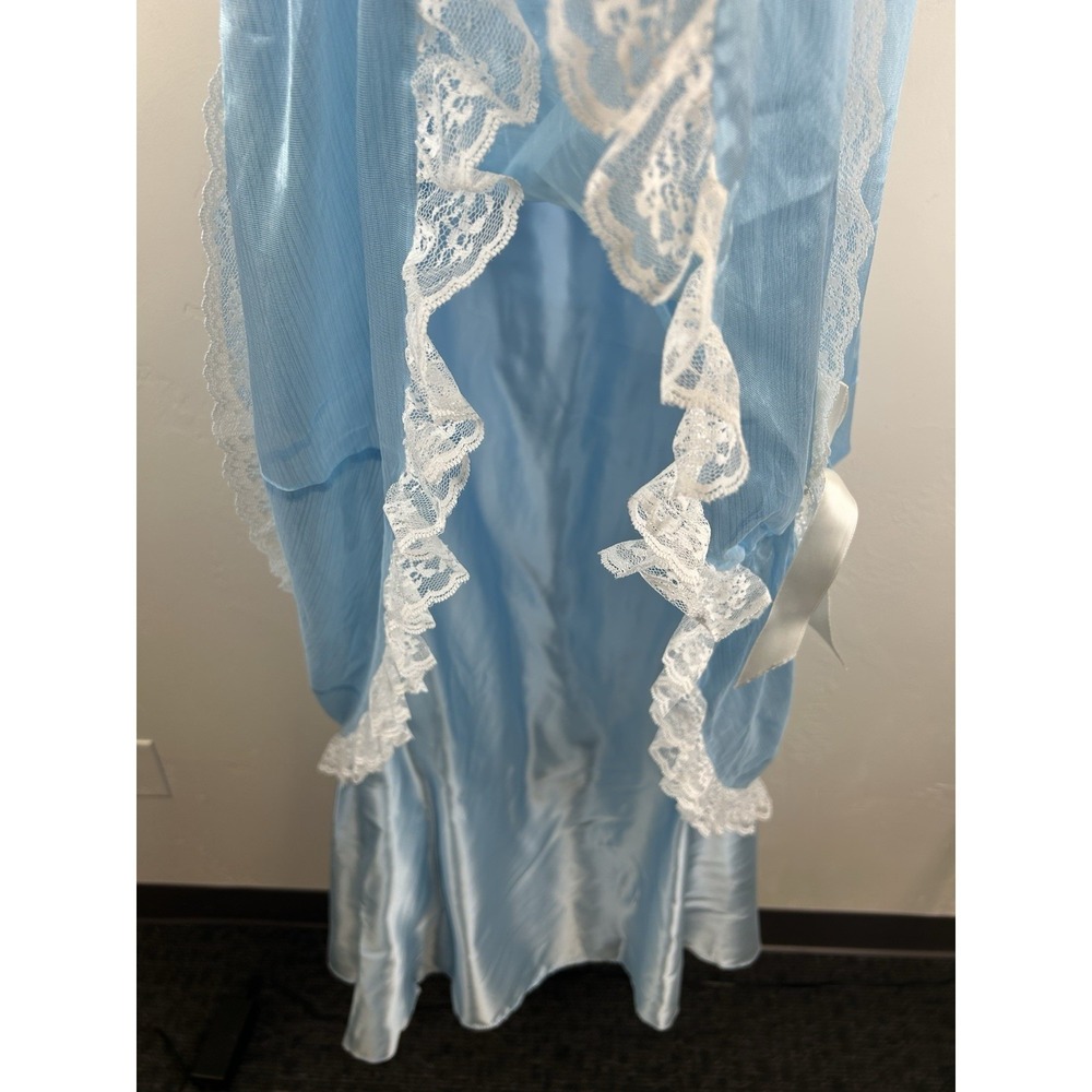 Vintage 70s Formal Blue Satin Gown Lace Trim Bows Princess Theatrical Costume - Picture 7 of 14